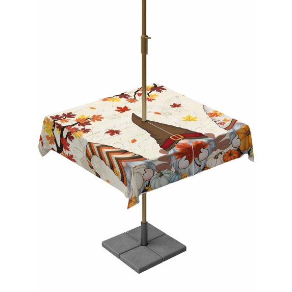 Outdoor Tablecloth with Umbrella Hole and Zipper, Fall Square Table Cloth 60x60 Inch Waterproof Tablecloth, Thanksgiving Gnomes Maple Leaf Pumpkin Beige Picnic Table Cover for Patio Camping