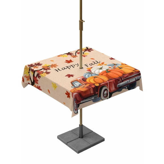 Outdoor Tablecloth with Umbrella Hole and Zipper, Fall Square Table Cloth 60x60 Inch Waterproof Tablecloth, Thanksgiving Truck Autumn Maple Leaves Pumpkin Picnic Table Cover for Patio Camping