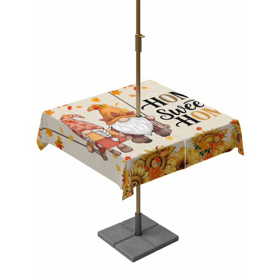 Outdoor Tablecloth with Umbrella Hole and Zipper, Fall Sunflowers Gnomes Square Table Cloth 54x54 Inch Waterproof Tablecloth, Thanksgiving Maples Leaves Farmhouse Picnic Table Cover for Patio Camping