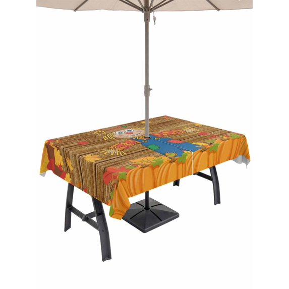 Outdoor Tablecloth with Umbrella Hole and Zipper, Fall Thanksgiving Rectangle Table Cloth 60x102 Inch Waterproof Tablecloth, Straw Man Pumpkins Autumn Leaves Country Picnic Table Cover for Patio