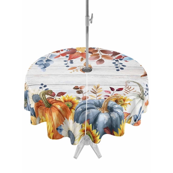 Outdoor Tablecloth with Umbrella Hole and Zipper, Fall Thanksgiving Round Table Cloth 54 Inch Waterproof Tablecloth, Orange Blue Pumpkin Eucalyptus Sunflower Picnic Table Cover for Patio Camping