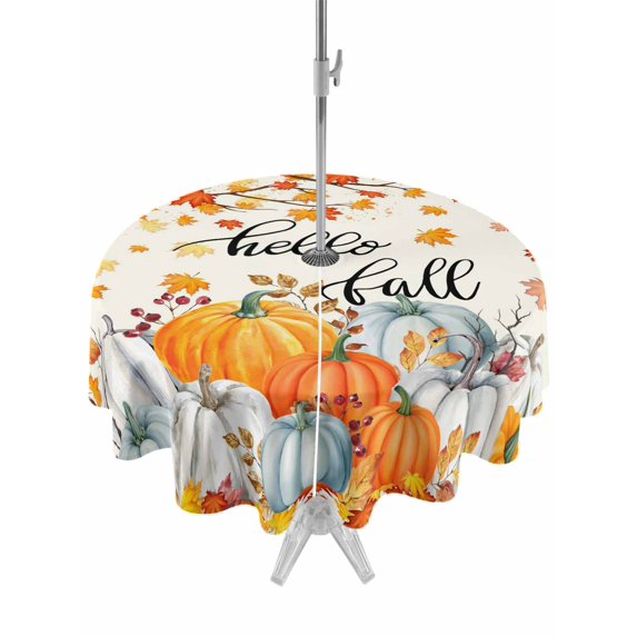 Outdoor Tablecloth with Umbrella Hole and Zipper, Fall Thanksgiving Round Table Cloth 60 Inch Waterproof Tablecloth, Orange White Pumpkin Maple Leaf Picnic Table Cover for Patio Camping