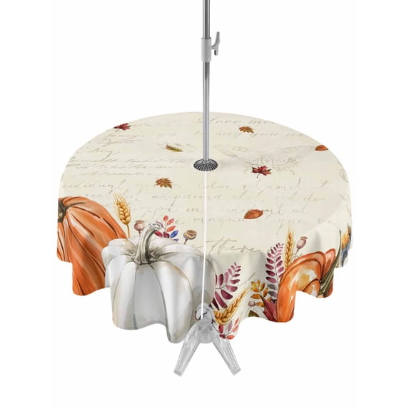 Outdoor Tablecloth with Umbrella Hole and Zipper, Fall Thanksgiving Round Table Cloth 60 Inch Waterproof Tablecloth, Orange White Pumpkin Vintage Beige Picnic Table Cover for Patio Camping