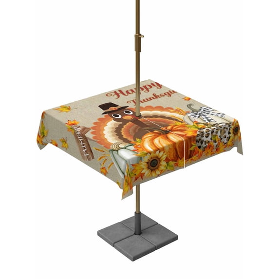 Outdoor Tablecloth with Umbrella Hole and Zipper, Fall Turkey Square Table Cloth 54x54 Inch Waterproof Tablecloth, Happy Thanksgiving Pumpkin Maple Leaf Picnic Table Cover for Patio Camping