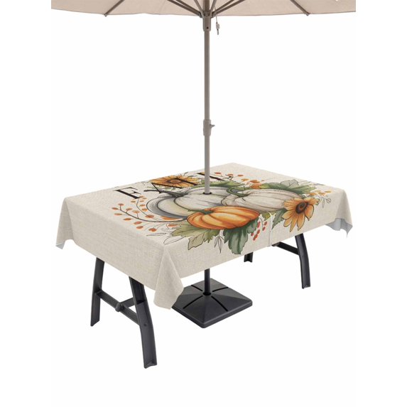 Outdoor Tablecloth with Umbrella Hole and Zipper, Fall White Pumpkins Rectangle Table Cloth 60x84 Inch Waterproof Tablecloth, Thanksgiving Sunflowers Leaves Vintage Picnic Table Cover for Patio