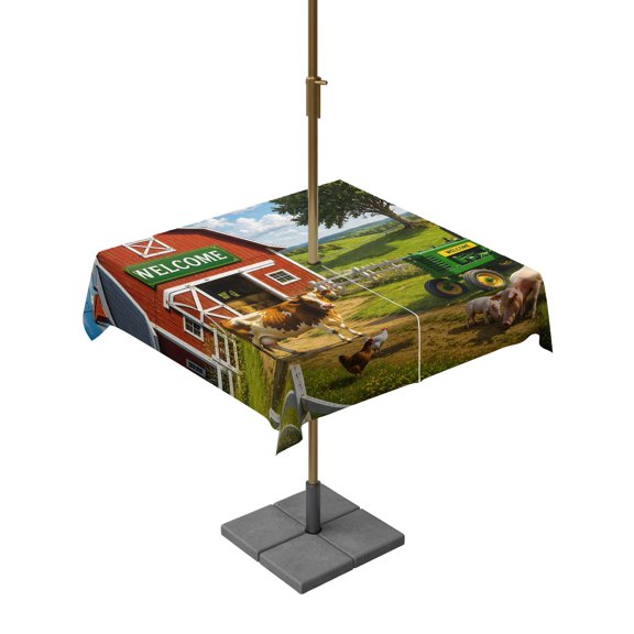 Outdoor Tablecloth with Umbrella Hole and Zipper, Farm Animal Pig Cow Green Tractor Square Waterproof Table Cover 54x54in Washable Table Cloth for Patio Picnic Party Red Barn Rural Fence