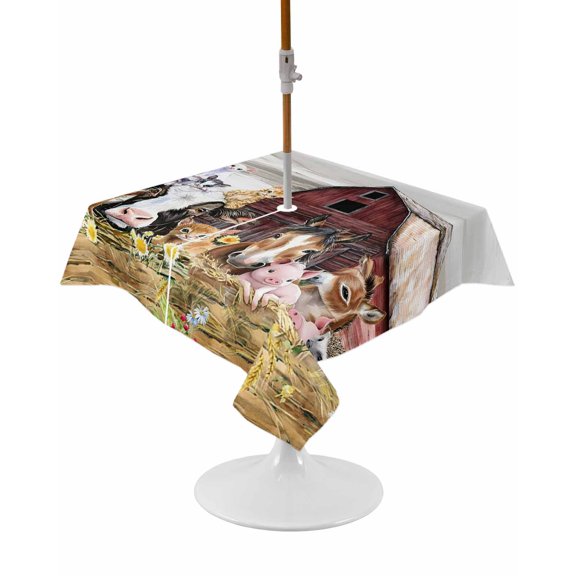 Outdoor Tablecloth with Umbrella Hole and Zipper Farm Animal Square Tablecloths 54x54 Inch Waterproof Table Cloths Barn Horse Pig Cow Patio Table Cover for Outdoor Tables Picnic BBQS Party Decor