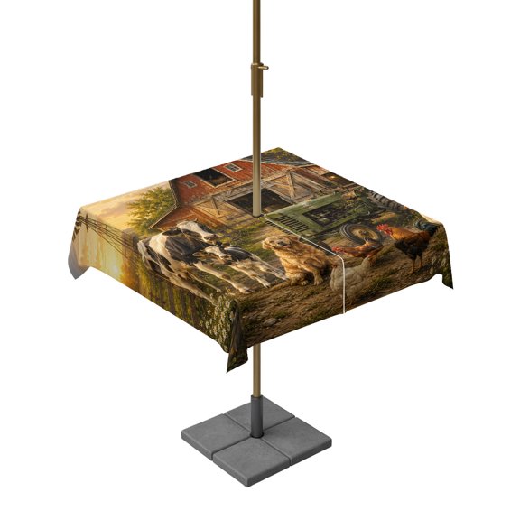 Outdoor Tablecloth with Umbrella Hole and Zipper, Farm Animals Cow Dog Rooster Duck Square Waterproof Table Cover 54x54in Washable Table Cloth for Patio Picnic Party Red Barn Green Tractor