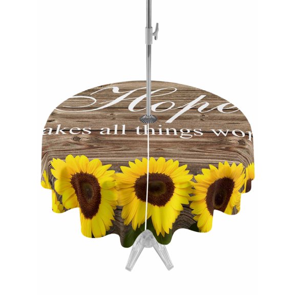 Outdoor Tablecloth with Umbrella Hole and Zipper, Farm Sunflower Positive Energy Quote Round Waterproof Table Cover 60in Washable Table Cloth for Patio Picnic Party Retro Dark Brown Wood Grain