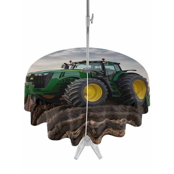 Outdoor Tablecloth with Umbrella Hole and Zipper, Farm Tractor Waterproof Patio Tablecloth for Dining Round 60'', Green Truck Country Rustic Field Harvester Wipeable Table Cover for Picnic BBQ Party