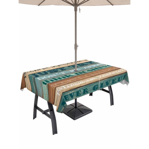 Outdoor Tablecloth with Umbrella Hole and Zipper, Farmhosue Motivational Quotes Rectangle Waterproof Table Cover 60x84in Washable Table Cloth for Patio Picnic Party Farm Wood Plank