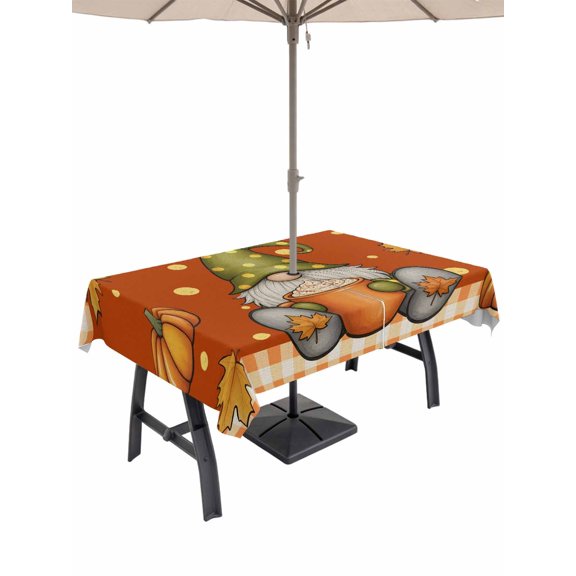 Outdoor Tablecloth with Umbrella Hole and Zipper, Farmhouse Gnome Fall Maple Leaf Rectangle Waterproof Table Cover 60x84in Table Cloth for Patio Picnic Party Thanksgiving Pumpkin Orange Check