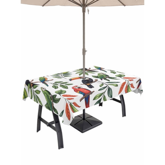 Outdoor Tablecloth with Umbrella Hole and Zipper, Farmhouse Parrots Rectangle Table Cloth 60x84 Inch Waterproof Tablecloth, Spring Summer Botanical Leaf Watercolor Picnic Table Cover for Patio