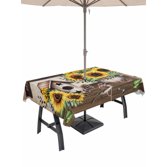 Outdoor Tablecloth with Umbrella Hole and Zipper, Farmhouse Sunflowers Rectangle Table Cloth 60x102 Inch Waterproof Tablecloth, Western Star Country Bird Pine Cone Picnic Table Cover for Patio