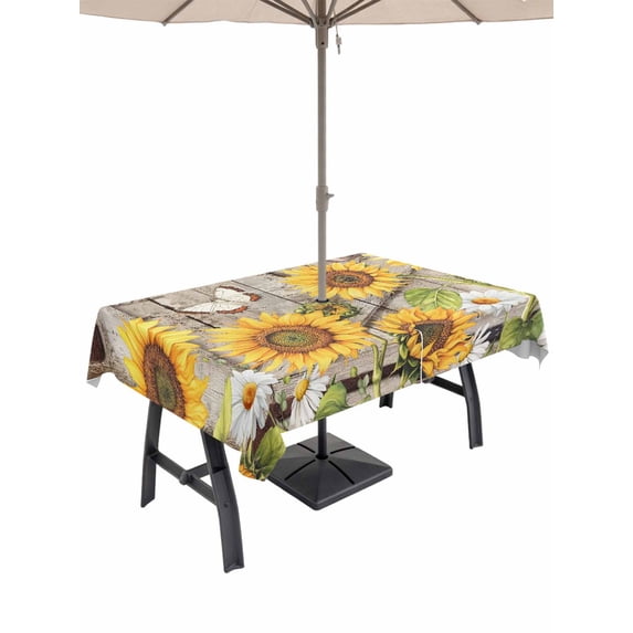 Outdoor Tablecloth with Umbrella Hole and Zipper, Farmhouse Sunflowers Rectangle Table Cloth 60x84 Inch Waterproof Tablecloth, Rustic Barn Doors Flowers Butterfly Wooden Picnic Table Cover for Patio