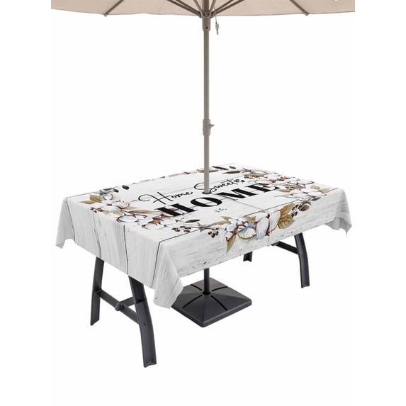 Outdoor Tablecloth with Umbrella Hole and Zipper, Farmhouse Wreath Rectangle Table Cloth 60x120 Inch Waterproof Tablecloth, Sweet Home Rustic Plants Texture Grey Wood Picnic Table Cover for Patio