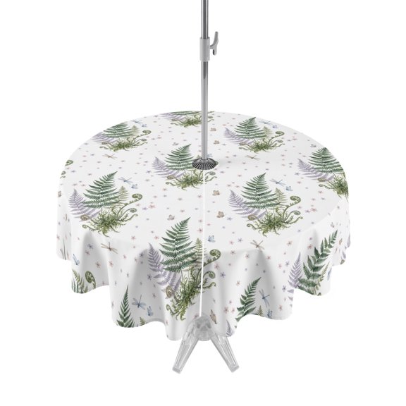 Outdoor Tablecloth with Umbrella Hole Zipper Fern Leaves Rustic Round Tablecloth 54" Waterproof Outside Table Cloth Farmhouse Pastoral Botanical Grass Patio Table Cover Tablecloths for Picnic Party