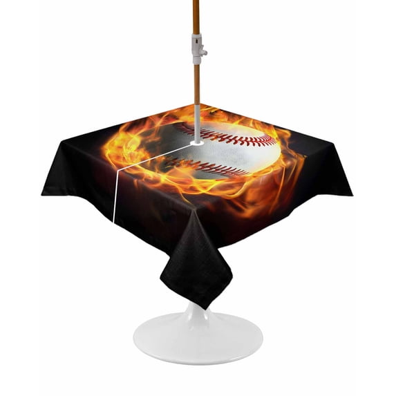 Outdoor Tablecloth with Umbrella Hole and Zipper Flame Baseball Square Tablecloths 54x54 Inch Waterproof Table Cloths Sports Black Patio Table Cover for Outdoor Tables Picnic BBQS Party Decor