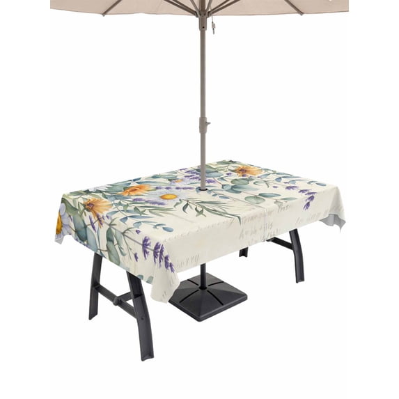 Outdoor Tablecloth with Umbrella Hole and Zipper, Floral Eucalyptus Leaves Rectangle Table Cloth 52x70 Inch Waterproof Tablecloth, Daisy Summer Botanical Pastoral Picnic Table Cover for Patio Camping