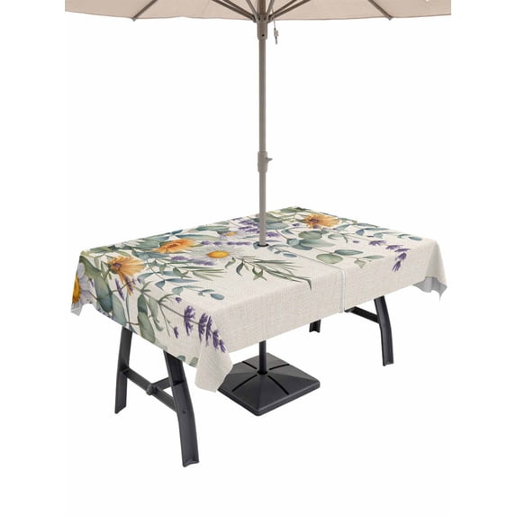 Outdoor Tablecloth with Umbrella Hole and Zipper, Floral Eucalyptus Leaves Rectangle Table Cloth 60x120 Inch Waterproof Tablecloth, Daisy Summer Botanical Rustic Picnic Table Cover for Patio Camping