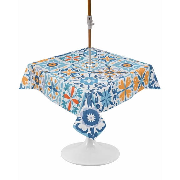 Outdoor Tablecloth with Umbrella Hole and Zipper Floral Geometric Square Tablecloths 54x54 Inch Waterproof Table Cloths Vintage Blue Flower Ceramic Brick Patio Table Cover for Picnic BBQS Party