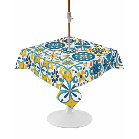 Outdoor Tablecloth with Umbrella Hole and Zipper Floral Geometric Square Tablecloths 54x54 Inch Waterproof Table Cloths Vintage Green Flower Ceramic Brick Patio Table Cover for Picnic BBQS Party