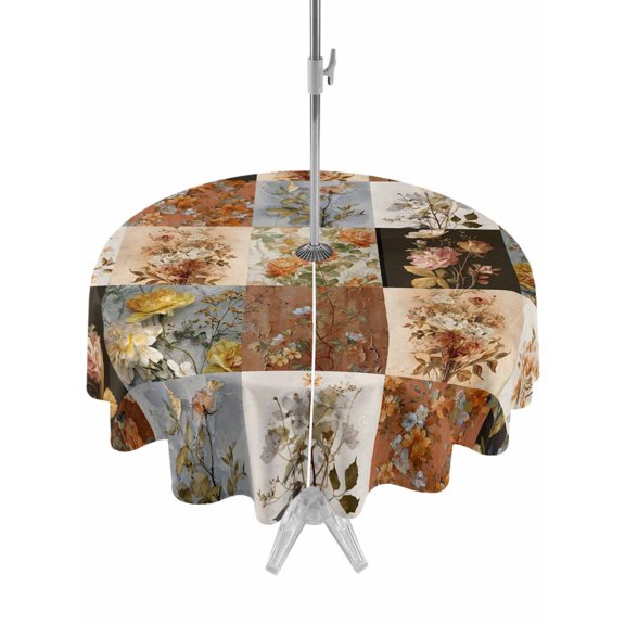 Outdoor Tablecloth with Umbrella Hole and Zipper, Floral Patchwork Round Table Cloth 54 Inch Waterproof Tablecloth, Vintage Country Geometric Flower Picnic Table Cover for Patio Camping