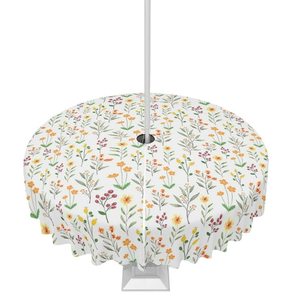 Outdoor Tablecloth with Umbrella Hole and Zipper Flower Leaves Round Outdoor Tablecloths 60 Inch Waterproof Table Cloths Yellow Floral Patio Table Cloth Cover for Outdoor Tables Picnic Garden