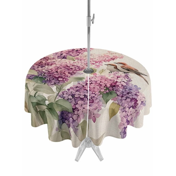 Outdoor Tablecloth with Umbrella Hole Zipper Flowers Bird Round Tablecloth 60" Waterproof Outside Table Cloth Sparrow Animal Spring Pink Blossom Floral Patio Table Cover Tablecloths for Picnic Party