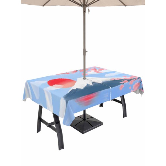Outdoor Tablecloth with Umbrella Hole and Zipper, Flowers Mountain Rectangle Table Cloth 60x120 Inch Waterproof Tablecloth, Spring Sun Floral Nature Scenery Picnic Table Cover for Patio Camping
