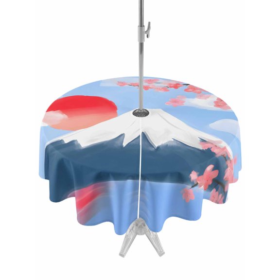 Outdoor Tablecloth with Umbrella Hole Zipper Flowers Mountain Round Tablecloth 60" Waterproof Outside Table Cloth Spring Sun Floral Nature Scenery Patio Table Cover Tablecloths for Picnic Party