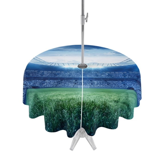Outdoor Tablecloth with Umbrella Hole Zipper Football Stadium Round Tablecloth 54" Waterproof Outside Table Cloth Blue Green Sport Modern Art Patio Table Cover Tablecloths for Picnic Party