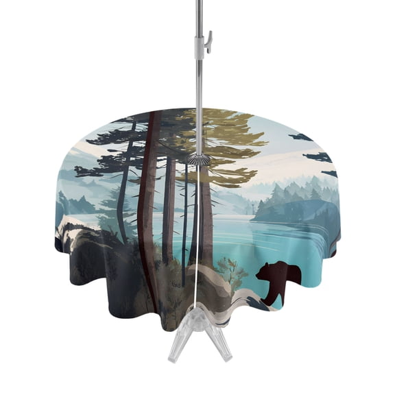 Outdoor Tablecloth with Umbrella Hole Zipper Forest Bear Cabin Round Tablecloth 54" Waterproof Outside Table Cloth Lake Snow Mountain Trees Patio Table Cover Tablecloths for Picnic Party