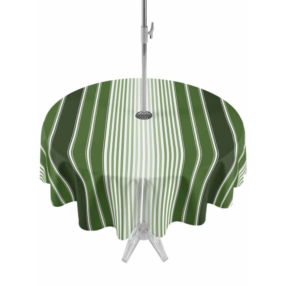 Outdoor Tablecloth with Umbrella Hole Zipper Forest Green Ombre Stripe Round Tablecloth 60" Waterproof Outside Table Cloth Farmhouse Simple Striped Patio Table Cover Tablecloths for Picnic Party