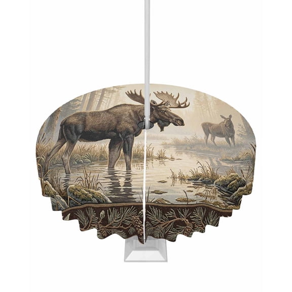 Outdoor Tablecloth with Umbrella Hole and Zipper Forest Moose Round Tablecloths 60 Inch Waterproof Animal Sunlight Misty Wetland Patio Table Cover for Outdoor Tables Picnic BBQS Party Decor