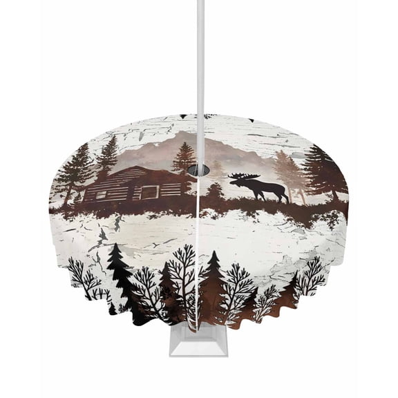 Outdoor Tablecloth with Umbrella Hole and Zipper Forest Moose Round Tablecloths 60 Inch Waterproof Log Cabin Animal Pine Tree Woodland Patio Table Cover for Outdoor Tables Picnic BBQS Party Decor