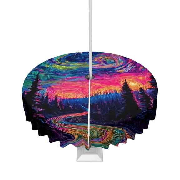 Outdoor Tablecloth with Umbrella Hole and Zipper Forest Path Swirling Sky Round Tablecloths 60 Inch Waterproof Pink Star Moon Impressionist Patio Table Cover for Outdoor Tables BBQS Party Decor