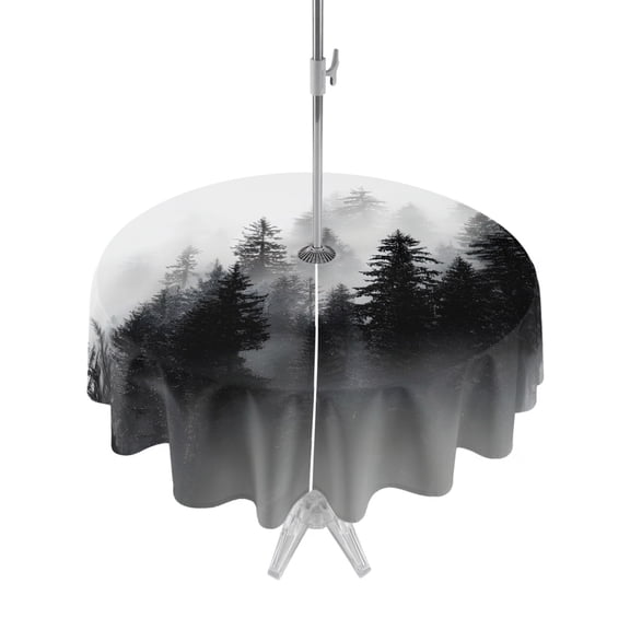 Outdoor Tablecloth with Umbrella Hole Zipper Forest Round Tablecloth 54" Waterproof Outside Table Cloth Mountains Modern Art Silhouettes Tree Patio Table Cover Tablecloths for Picnic Party