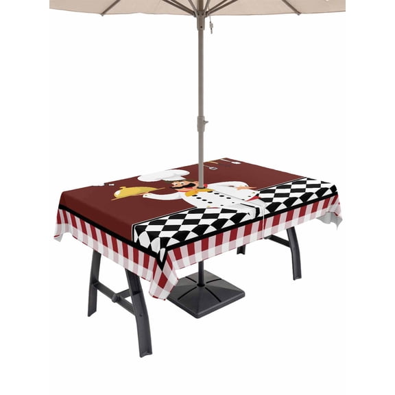 Outdoor Tablecloth with Umbrella Hole and Zipper, Funny Chef Kitchen Tableware Rectangle Waterproof Table Cover 60x84in Washable Table Cloth for Patio Picnic Party Burgundy Red Black Lattice