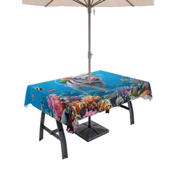 Outdoor Tablecloth with Umbrella Hole and Zipper, Funny Diving Pig Rectangle Table Cloth 54x80 Inch Waterproof Tablecloth, Ocean Sea Coastal Coral Fish Marine Life Picnic Table Cover for Patio