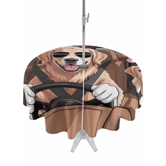 Outdoor Tablecloth with Umbrella Hole Zipper Funny Dog Printed Round Tablecloth 60" Waterproof Outside Table Cloth Cartoon Diving Dog Cute Patio Table Cover Tablecloths for Picnic Party
