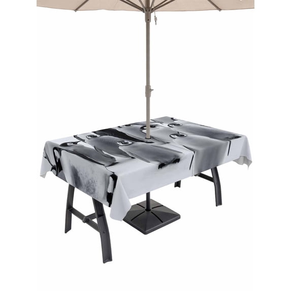 Outdoor Tablecloth with Umbrella Hole and Zipper, Funny Penguins Rectangle Table Cloth 52x70 Inch Waterproof Tablecloth, Snow Winter Grey Penguin Animals Picnic Table Cover for Patio Camping