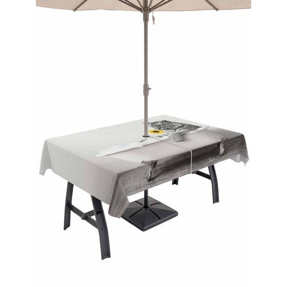 Outdoor Tablecloth with Umbrella Hole and Zipper, Funny Tiger Rectangle Table Cloth 60x120 Inch Waterproof Tablecloth, Cute Art Vintage Lovely Animals on Bathtub Picnic Table Cover for Patio Camping