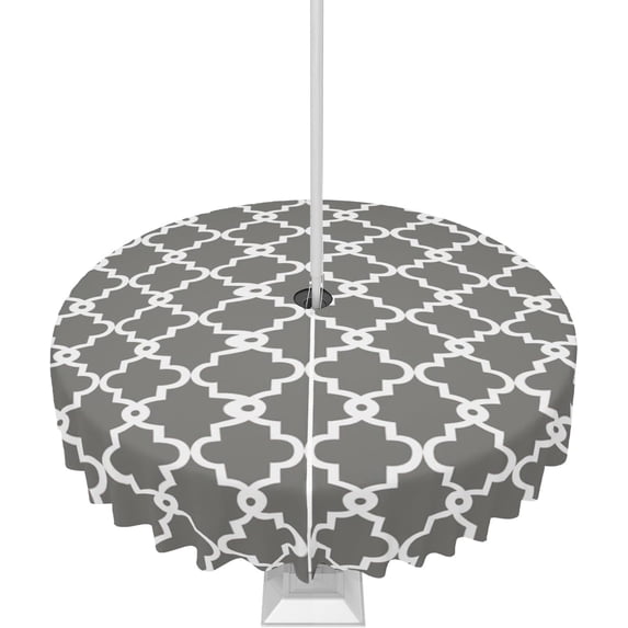 Outdoor Tablecloth with Umbrella Hole and Zipper Geometric Round Outdoor Tablecloths 60 Inch Outside Table Cloths Grey Moroccan Plaid Patio Table Cloth Cover for Outdoor Tables Picnic Garden
