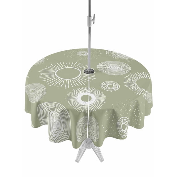 Outdoor Tablecloth with Umbrella Hole and Zipper, Geometric Round Table Cloth 60 Inch Waterproof Tablecloth, Abstract Sage Green White Boho Circle Dot Picnic Table Cover for Patio Camping