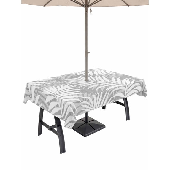 Outdoor Tablecloth with Umbrella Hole & Zipper, Gery Coastal Palm Leaves Rectangle Tablecloth 60x84 Inch, Summer Tropical Botanical Patio Table Cover Waterproof Table Cloth for Picnic/Party