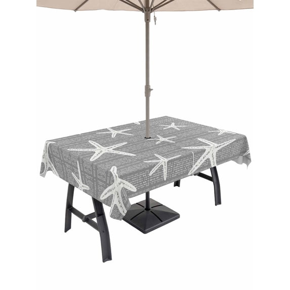 Outdoor Tablecloth with Umbrella Hole & Zipper, Gery Starfish Coastal Rectangle Tablecloth 60x102 Inch, Summer Beach Nautical Sea Ocean Patio Table Cover Waterproof Table Cloth for Picnic/Party