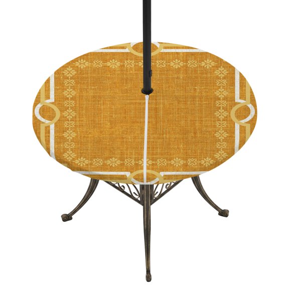 Outdoor Tablecloth with Umbrella Hole and Zipper Ginger Yellow Linen Border Round Fitted Table Cover with Elastic Waterproof Floral Lines Frame Patio Tablecloths for Picnic BBQS Garden Fit 55"-60"