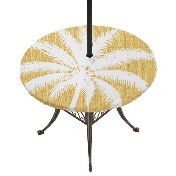 Outdoor Tablecloth with Umbrella Hole and Zipper Ginger Yellow Linen Tropical Coconut Tree Round Fitted Table Cover with Elastic Summer Palm Tree Patio Tablecloths for Picnic BBQS Fit 55"-60"