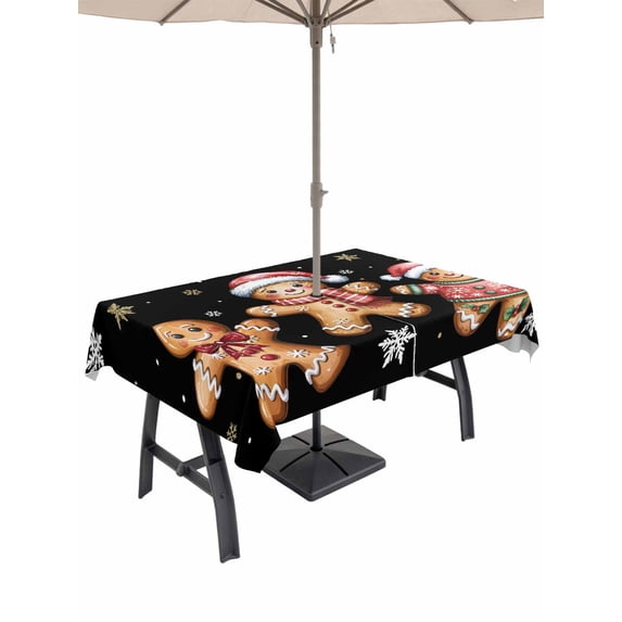 Outdoor Tablecloth with Umbrella Hole and Zipper, Gingerbread Black Rectangle Table Cloth 60x120 Inch Waterproof Tablecloth, Christmas Winter Snowflake Picnic Table Cover for Patio Camping